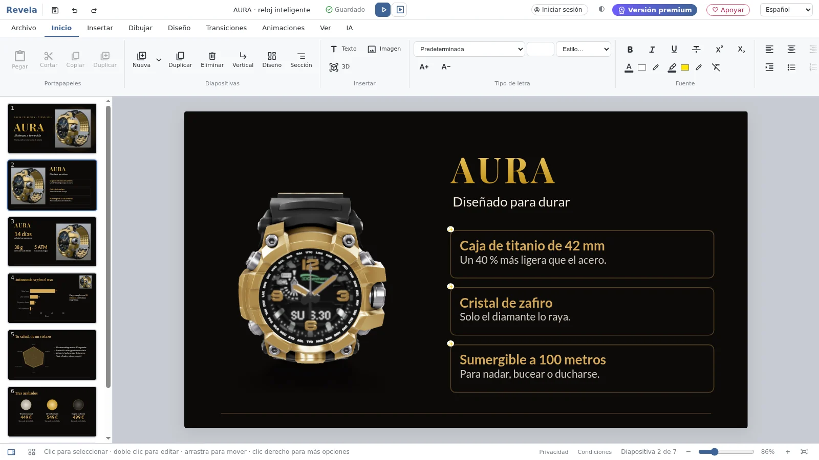 El editor de Revela con una presentación de producto: un reloj en 3D junto a sus características