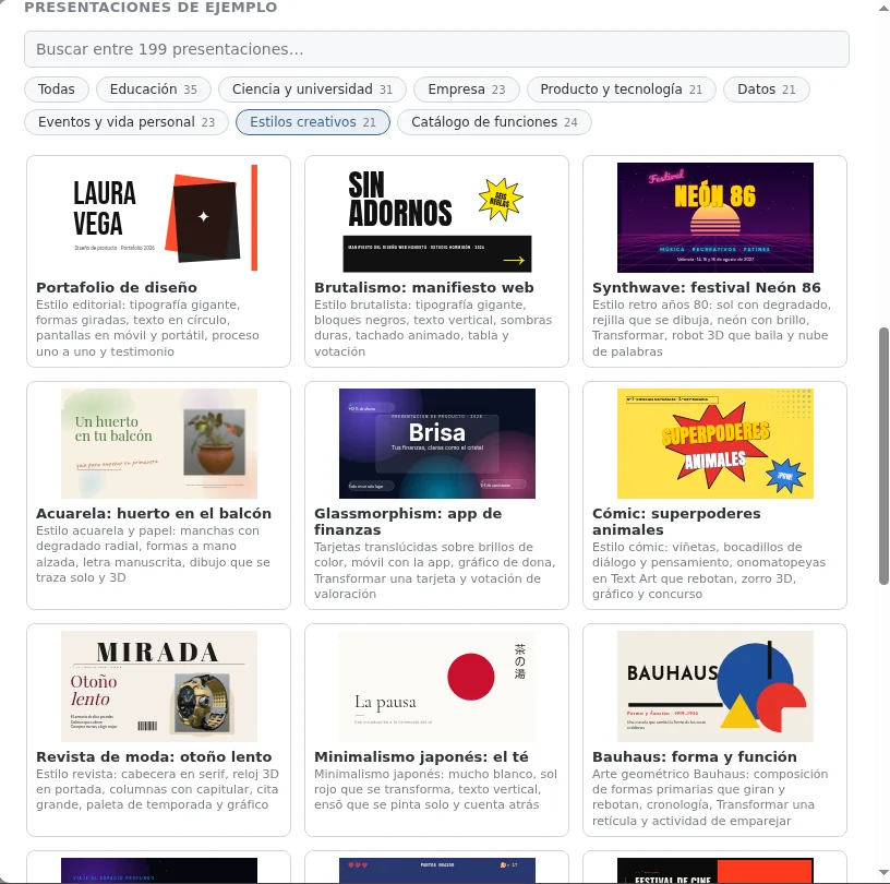 La galería de presentaciones de ejemplo de Revela, con estilos muy distintos