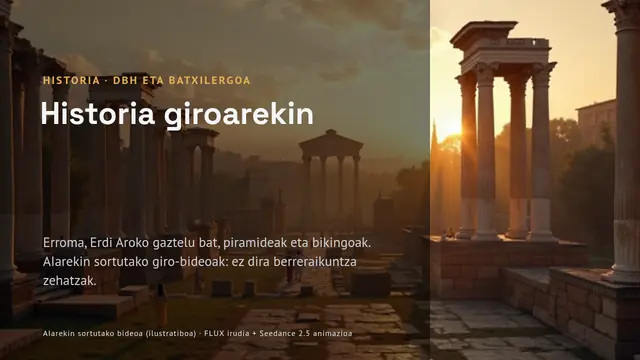 «Historia giro batekin: Erroma, gazteluak, piramideak eta bikingoak» aurkezpenaren azala