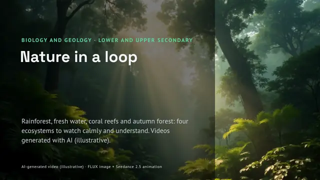 Cover of the presentation “Nature on a loop: rainforest, fresh water, reefs and forest”